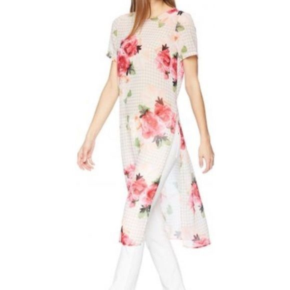 Calvin Klein sheer plaid pink floral tunic high slit blouse‎ small